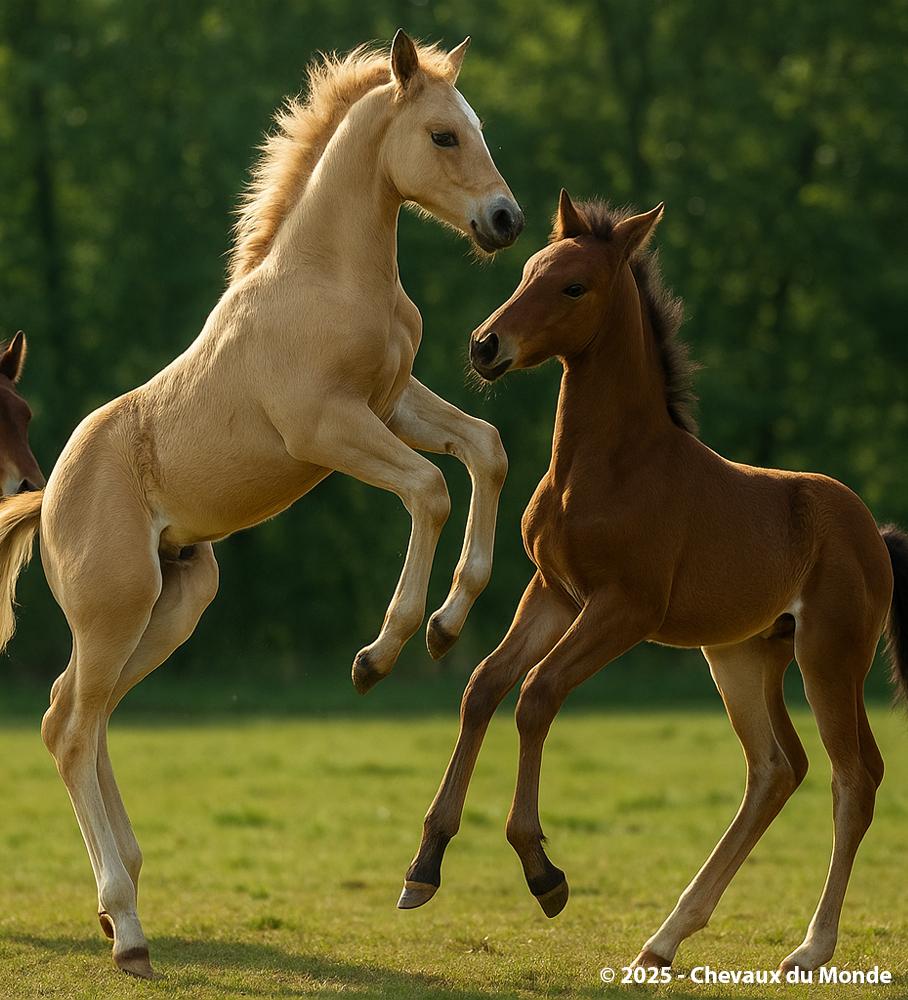 Two foals playing together in a pasture, one rearing up in front of the other, showing natural social interaction among young horses.