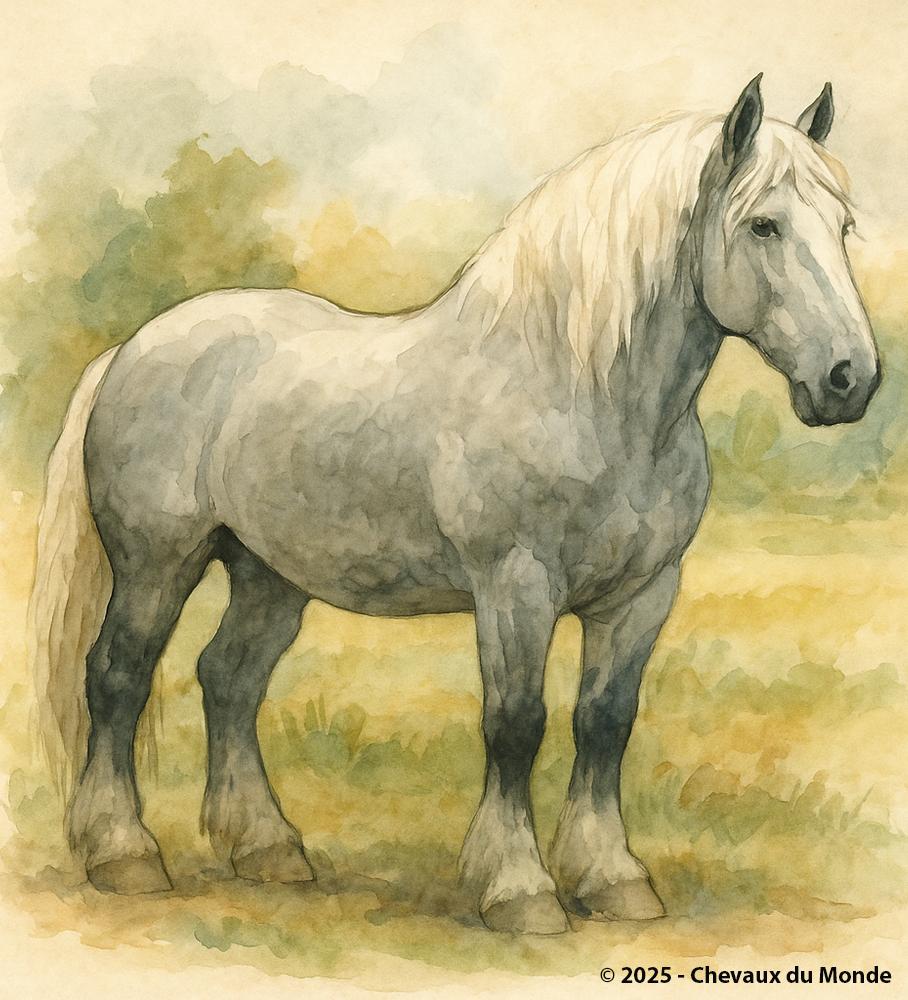 Watercolor of a light grey Boulonnais draft horse standing in a rural landscape, showcasing the breed’s strength and nobility.