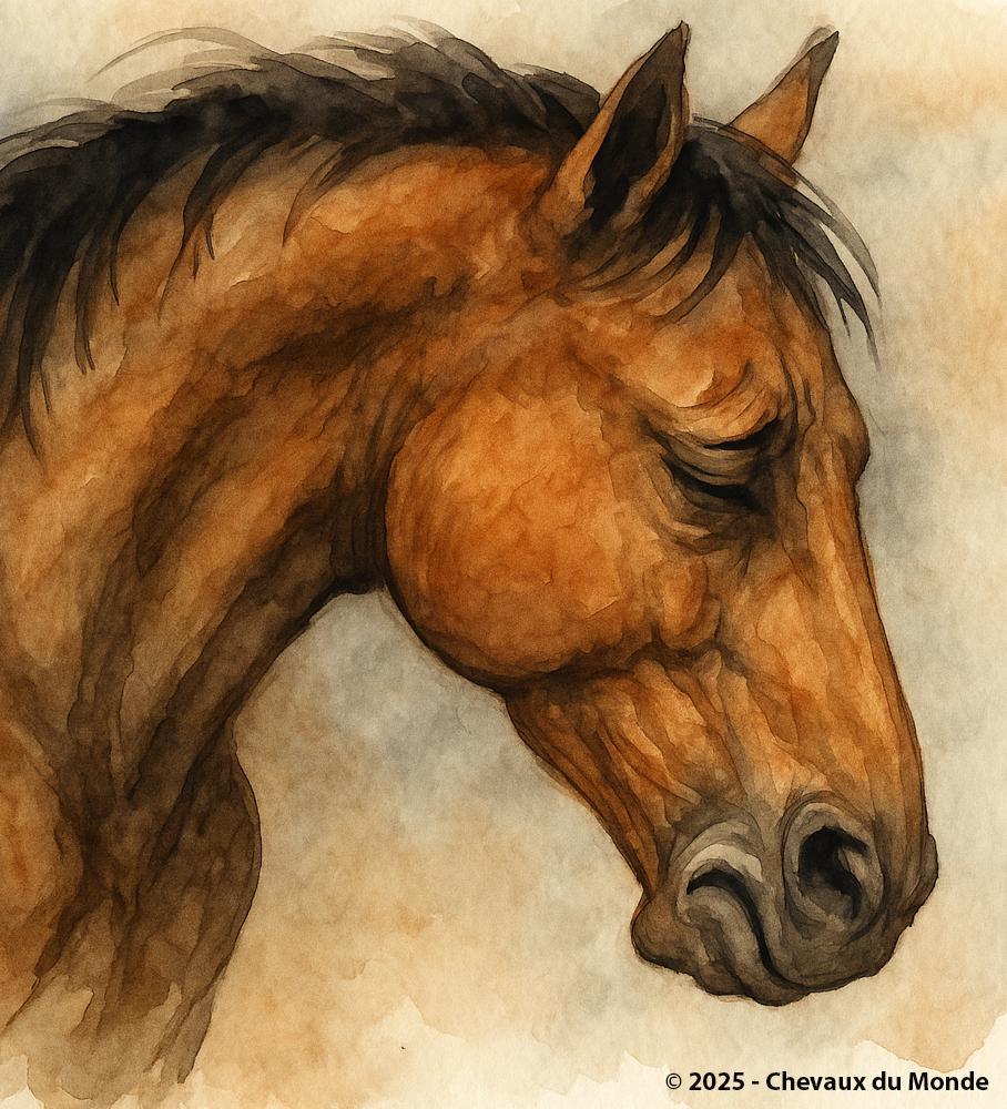 Watercolor of a bay horse with closed eyes, ears pinned back, and tense nostrils, clearly expressing visible pain.