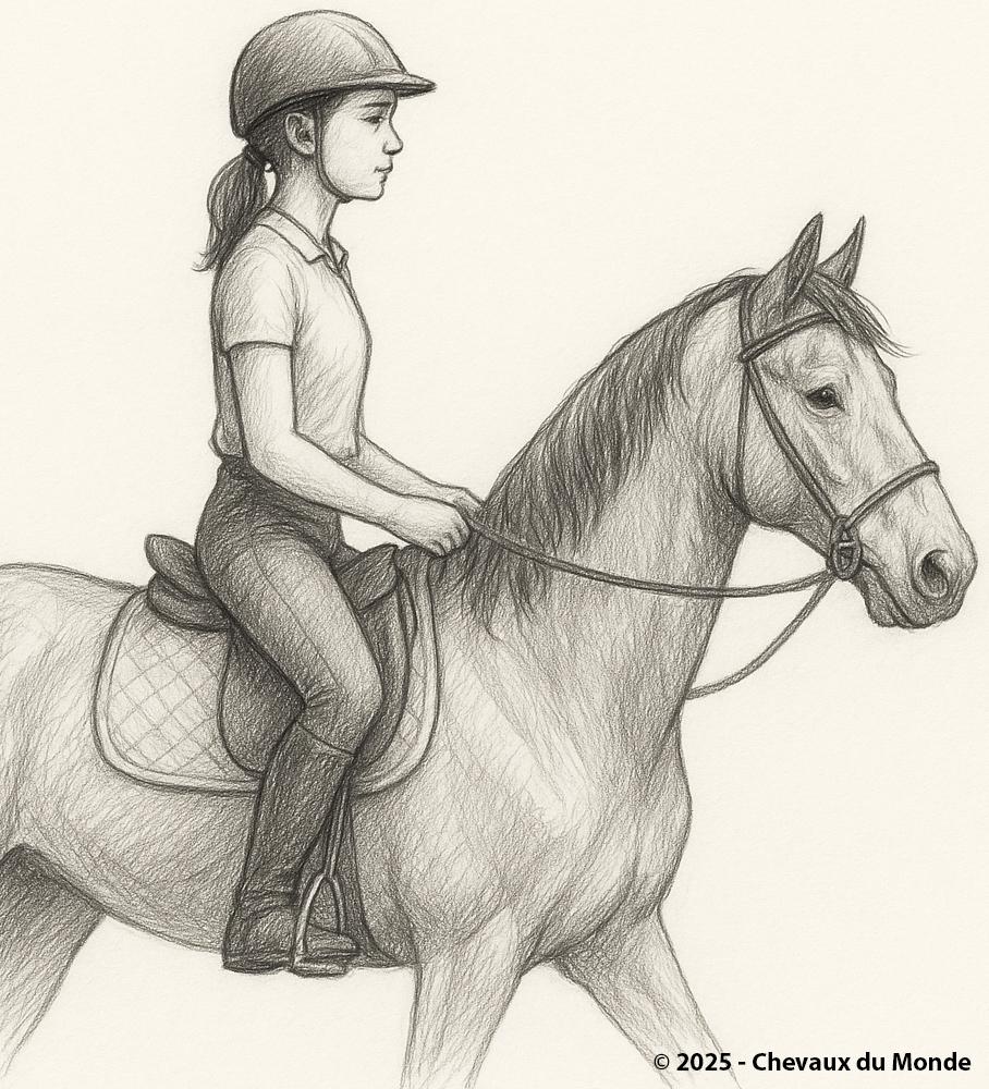 Pencil drawing of a beginner rider on a horse with a bitless bridle, representing a gentle and respectful form of riding.
