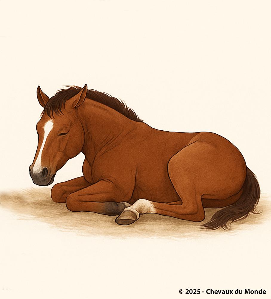 Young horse lying on the ground with eyes closed, relaxed posture, illustrating a phase of deep sleep.