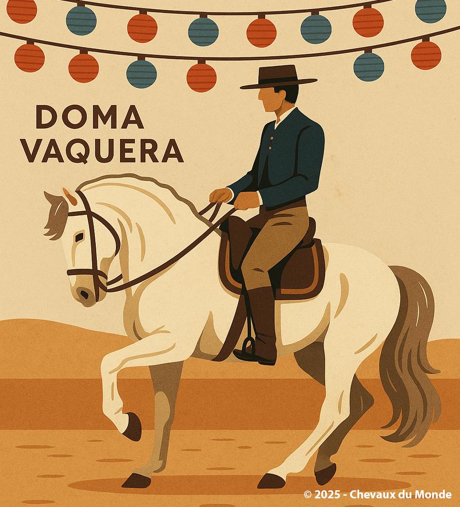 ndalusian rider in traditional attire performing a Doma Vaquera figure on a white horse, under colorful lanterns evoking the festive spirit of Spanish ferias.