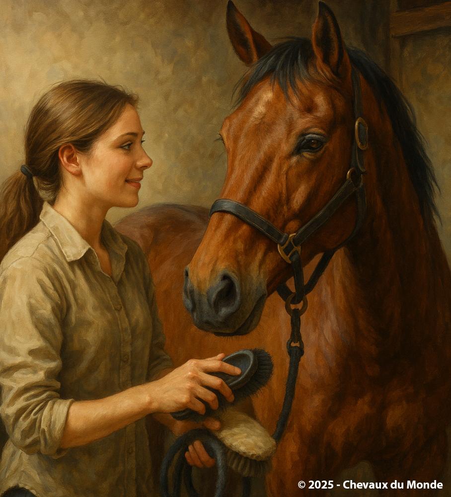 Smiling young woman grooming a chestnut horse with brushes in hand, in a peaceful and warm atmosphere.
