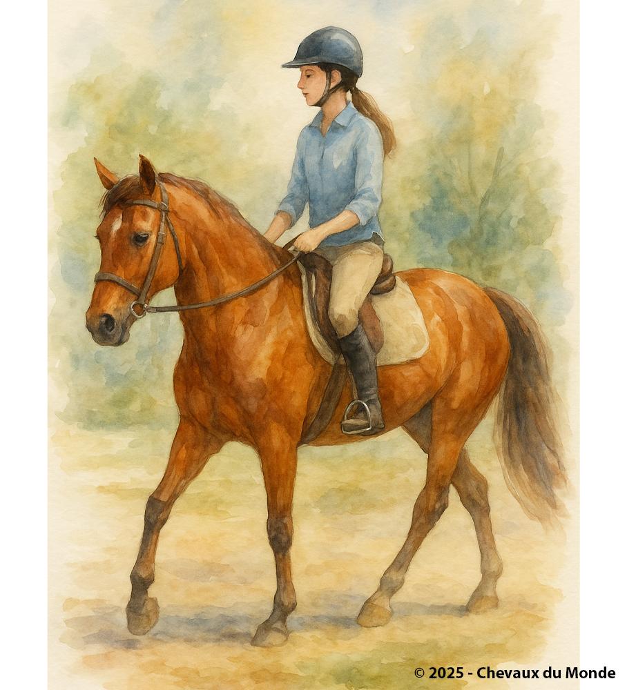Young rider in riding gear walking a chestnut horse at a calm pace, in a peaceful natural setting.