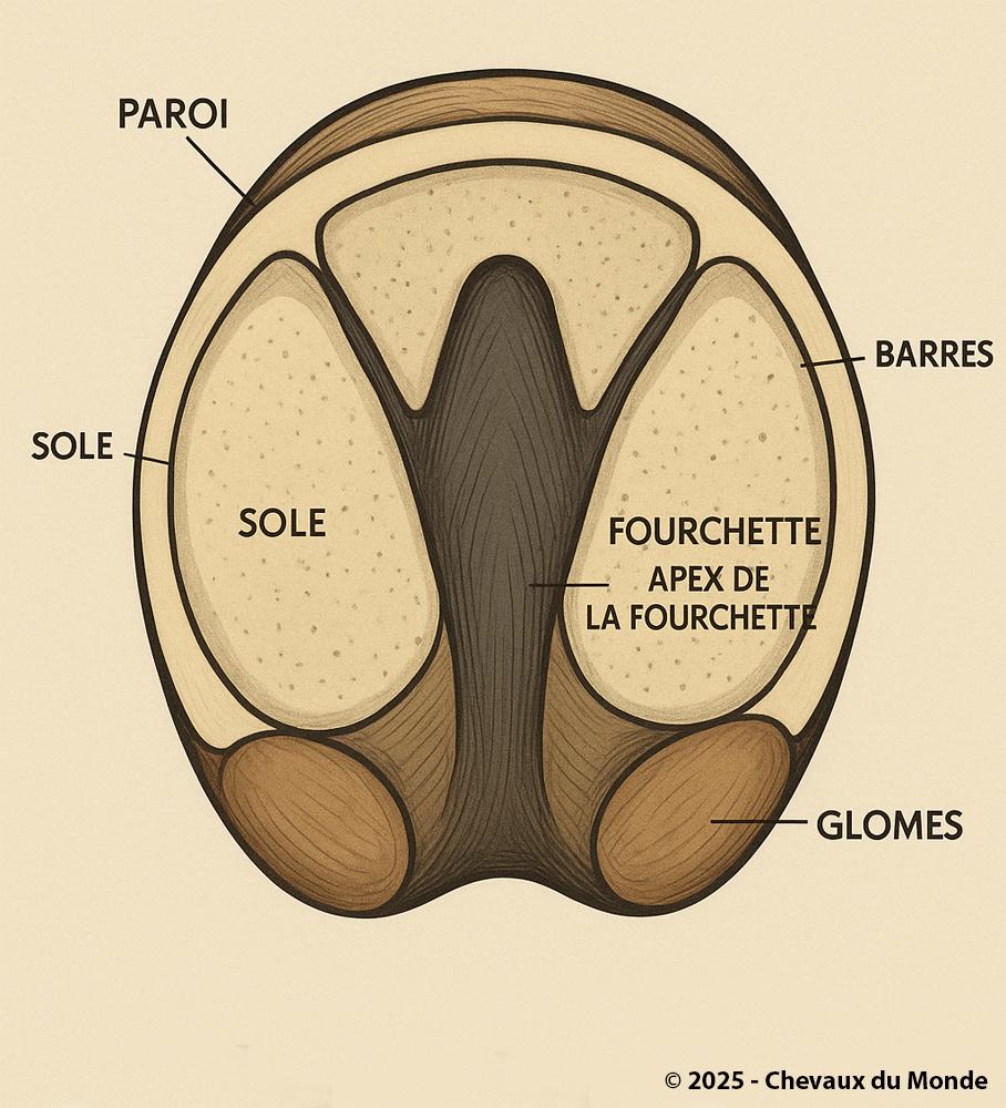 Anatomical diagram of a horse’s hoof viewed from below, labeled with the wall, sole, frog, apex of the frog, bars, and bulbs.
