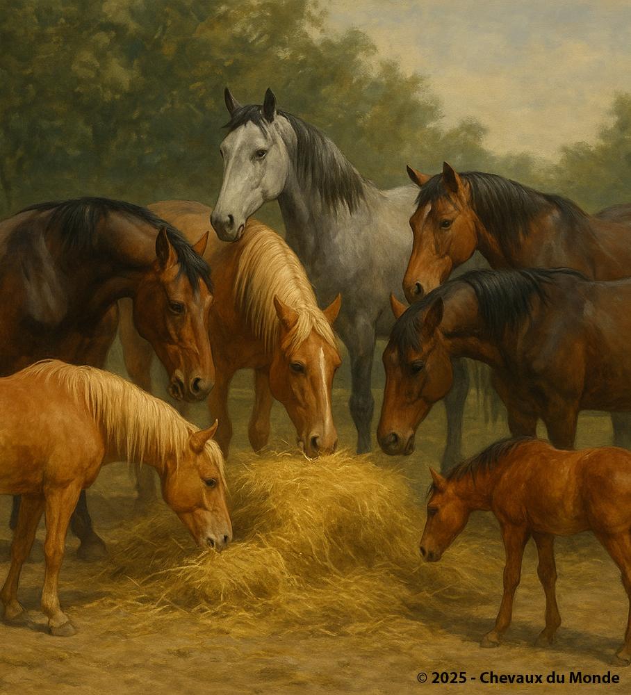 Group of horses of various coat colors gathered around a pile of hay, with some eating and others standing back, illustrating the social hierarchy during feeding.