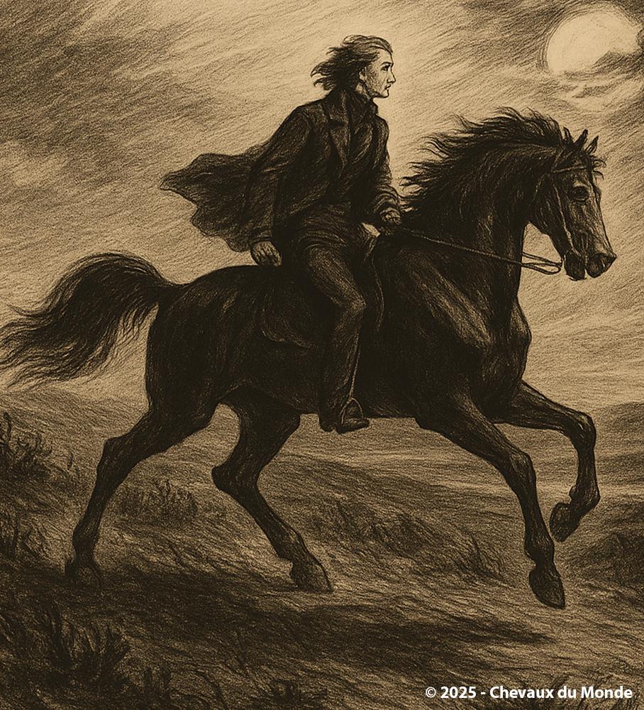 Sepia-toned drawing of a romantic rider galloping under the moonlight through a wild and dramatic landscape.