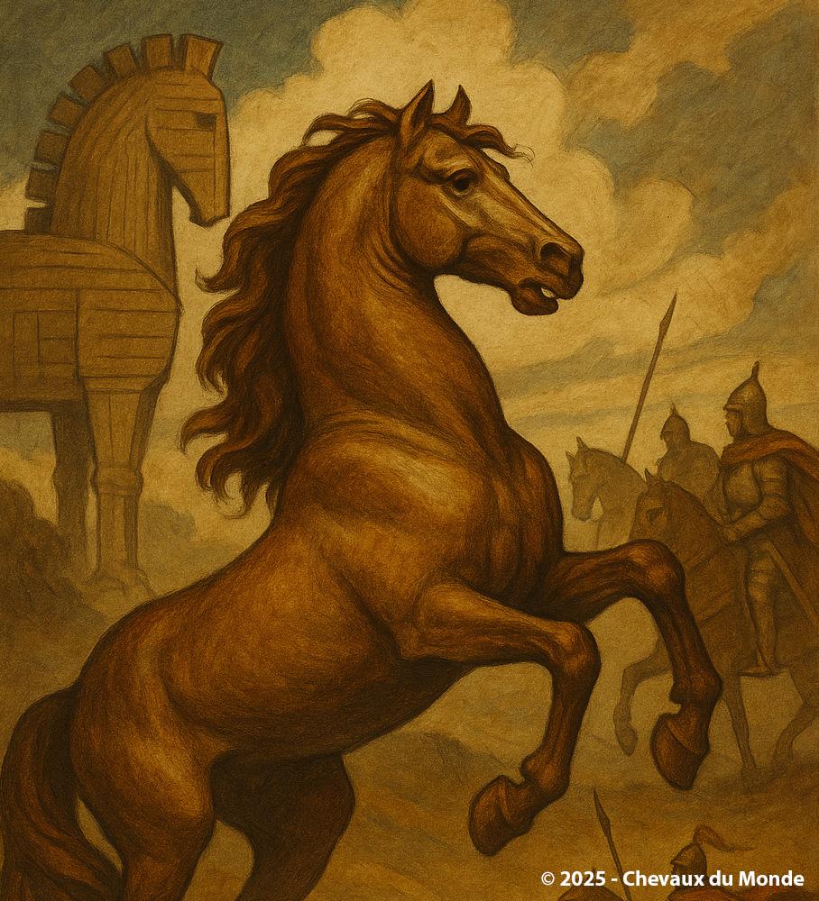 A majestic horse in full motion, with a backdrop of mythological and medieval scenes, illustrating the place of the horse in art and legends throughout the ages.