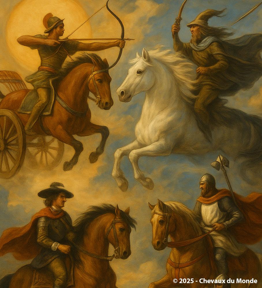 Symbolic painting showing horses across various artistic eras, blending mythological, equestrian, and spiritual scenes.