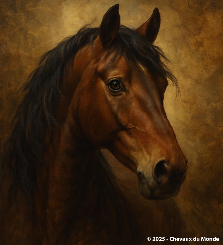 Artistic portrait of a bay horse in three-quarter view, on a dark background, with a calm and attentive expression.