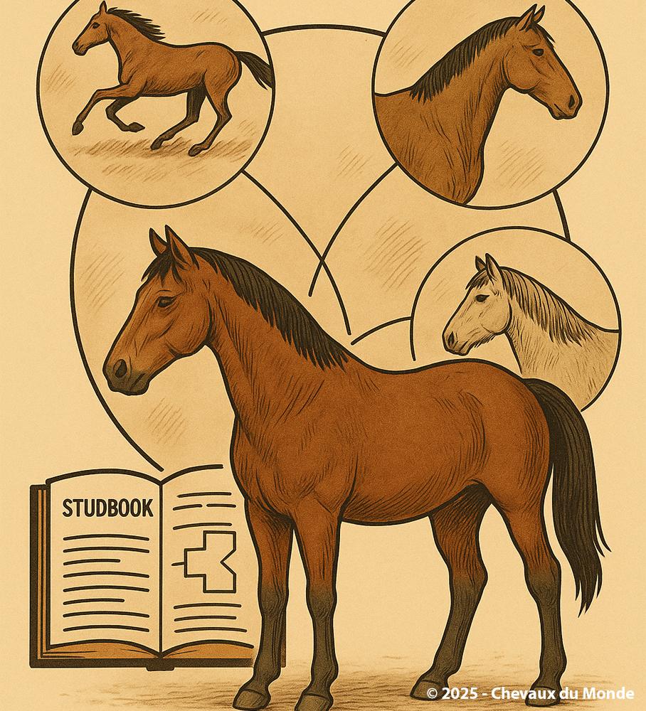 Silhouette of a refined horse in front of a stylized pedigree tree, representing the importance of ancestry in horse breeding