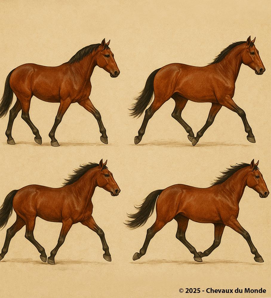 Anatomical illustration showing the different phases of a bay horse trotting, on a beige background, used to study gait movement and symmetry.