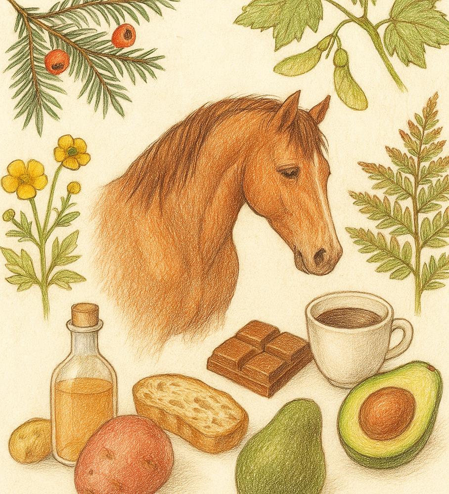 Colored illustration of a horse surrounded by toxic foods and plants for horses: chocolate, avocado, potatoes, bread, coffee, buttercup, fern, yew, maple, and more.