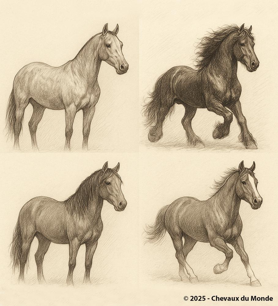 Pencil drawings of four horses with distinct conformations, representing emblematic breeds from America, Europe, Asia, and Africa.