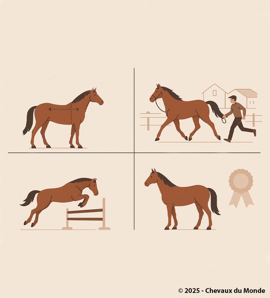 Four-panel illustration showing stages of horse evaluation: conformation, movement, jumping ability, and final approval.