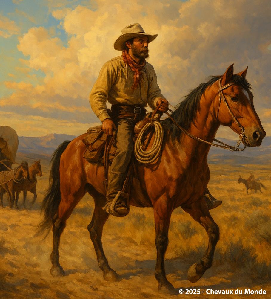Painting of a bearded cowboy riding a bay horse through the American West plains, with packhorses in the background under a cloudy sky.