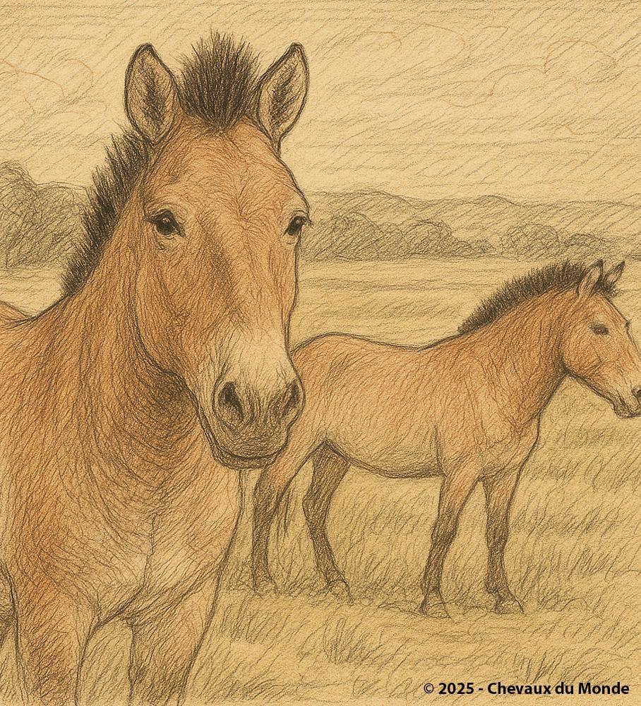 Pencil drawing of two Przewalski's horses in a grassy plain, representing an endangered wild horse species now protected in wildlife parks.