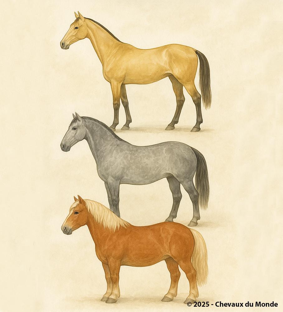 Illustration showing three horses with distinct morphologies: a slender hot-blooded horse, a balanced warmblood, and a stocky draft horse.