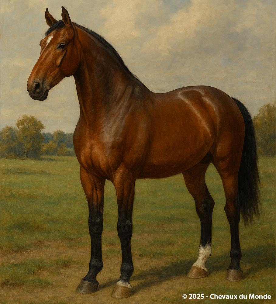 Full-body portrait of a bay warmblood horse standing in a pasture, displaying strength, calmness, and elegance.
