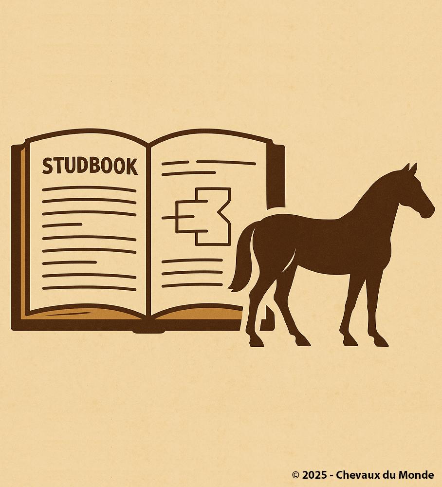 Stylized illustration of a horse in profile standing beside an open book titled “Studbook”, featuring a pedigree diagram inside.