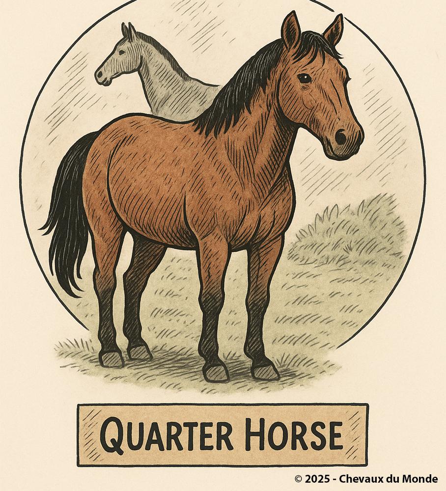 Stylized illustration of a Quarter Horse shown in three-quarter profile, with another horse in the background, on a beige textured background. The name "Quarter Horse" appears at the bottom in a label.