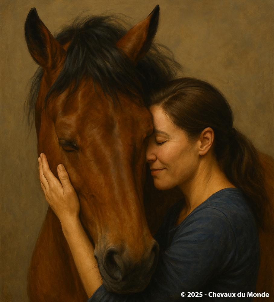 Woman gently embracing a horse in a pastoral landscape, traditional oil painting.