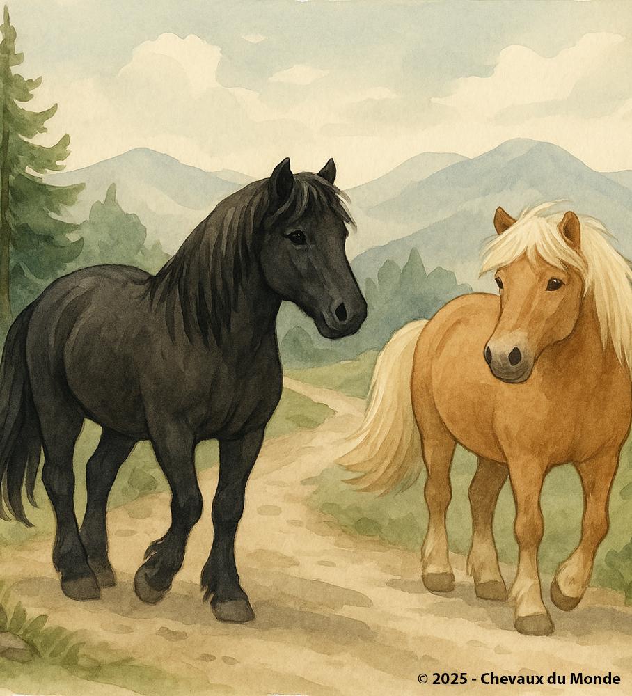 Watercolor illustration of two trail horses on a mountain path, one black and one chestnut with flaxen mane. Forested landscape in the background.
