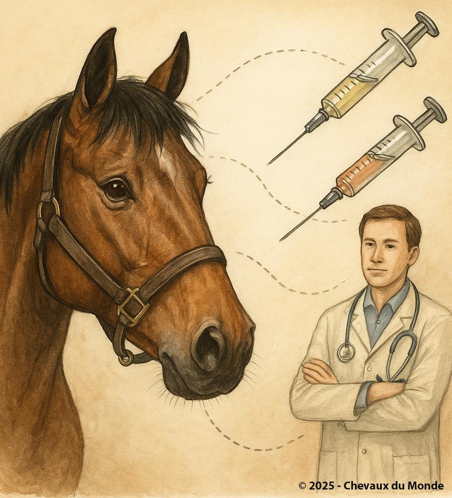 Illustration of a horse in profile with a veterinarian in a white coat and two syringes in the background, representing equine vaccination.