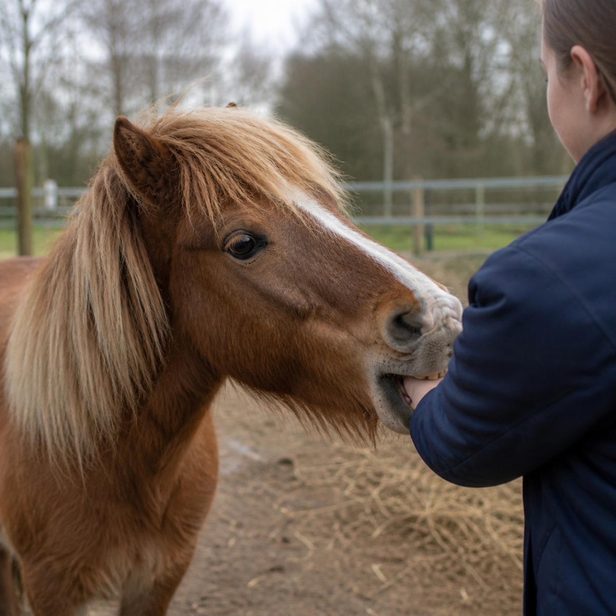 Pony gently nibbling a person’s hand in a paddock