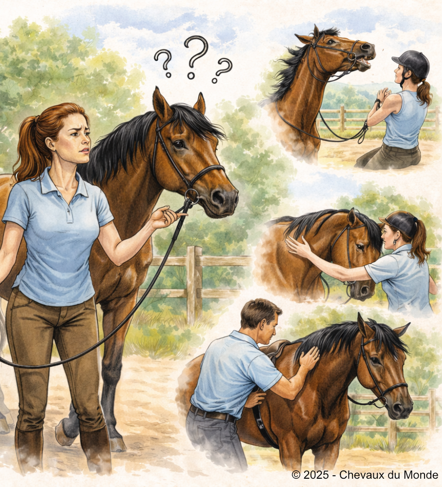 Illustration showing a horse appearing not to respond to human requests, with scenes illustrating misunderstanding, stress, and physical evaluation.