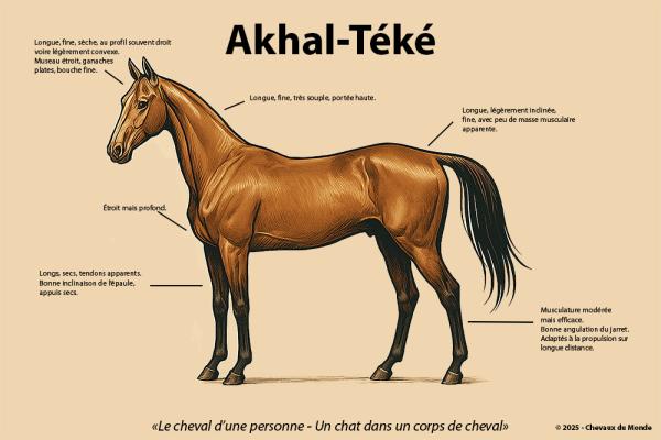 Illustration latérale annotée du cheval Akhal-Téké, montrant ses caractéristiques morphologiques telles qu'une encolure longue, un corps élancé et des membres secs adaptés à l'endurance.