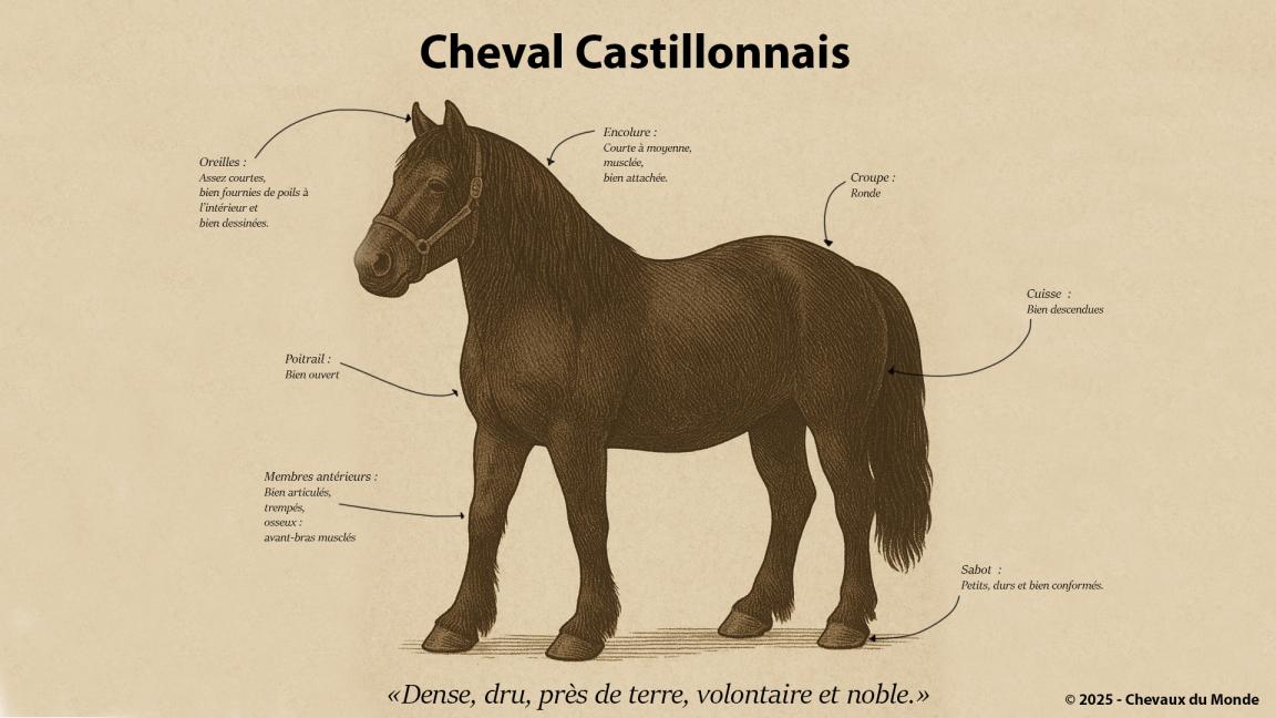 Illustration vintage d’un cheval Castillonnais vu de profil gauche, avec annotations morphologiques détaillées (oreilles, encolure, poitrail, croupe, sabots, etc.), sur fond parcheminé.