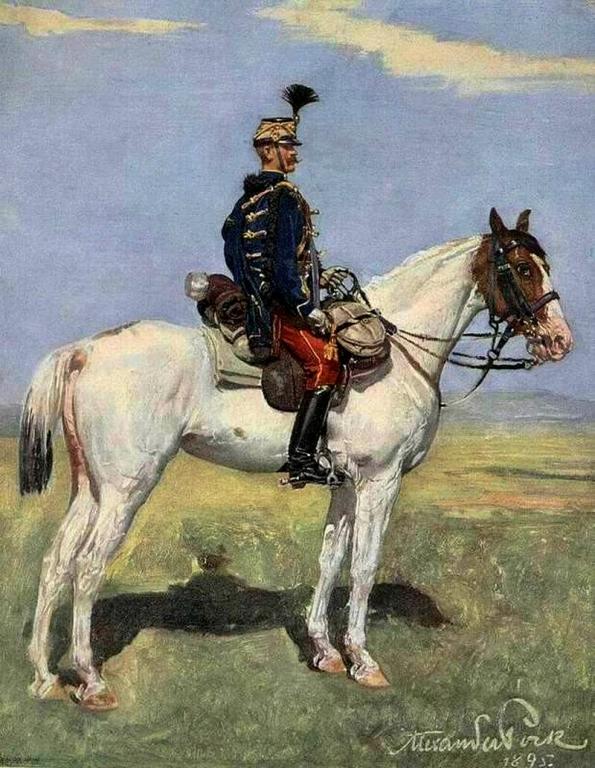 Hussard hongrois sur un Kisber Felver pie (1895) - Domaine public 