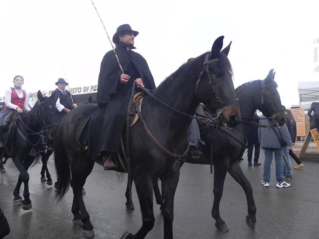 Groupe de butteri défilant à la Fieracavalli de 2014, dans le cadre d'un processus de patrimonialisation du Maremmien. -  CC BY-SA 3.0 - Justlettersandnumbers