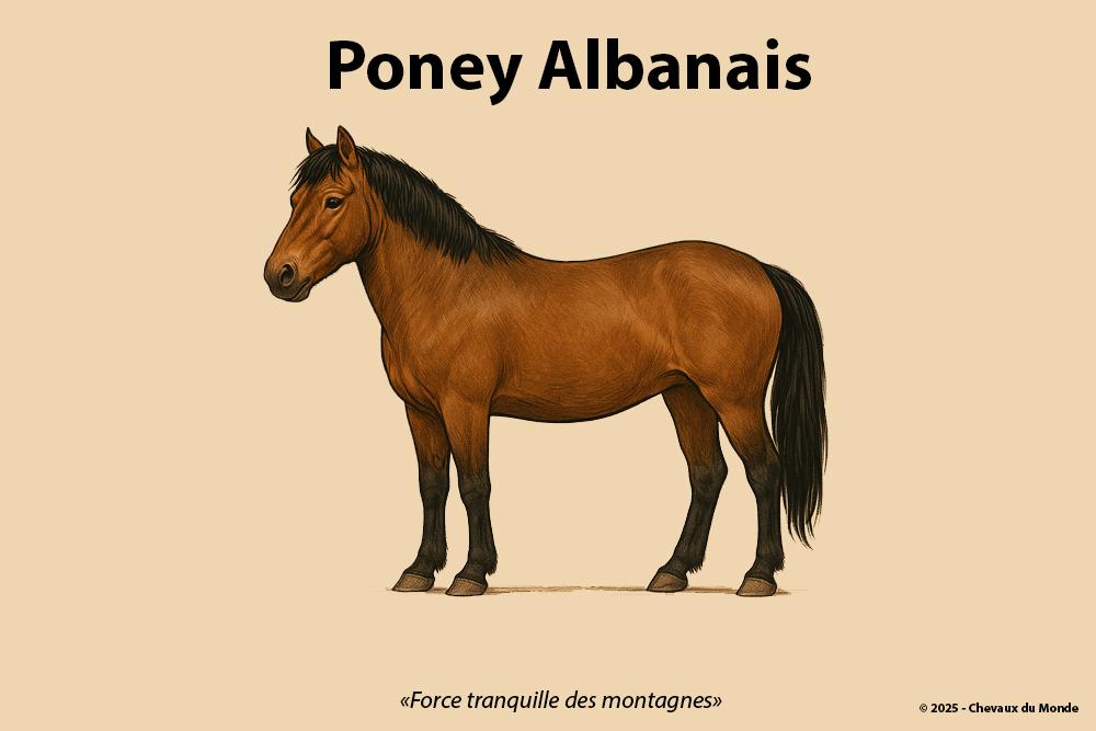 Illustration latérale du Poney Albanais, de profil gauche, sur fond beige, dans un style vintage et académique.