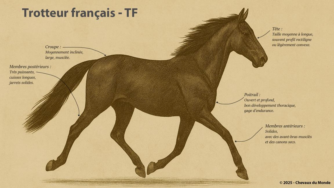Illustration vintage d’un Trotteur français au trot, en profil gauche, avec annotations morphologiques (tête, croupe, poitrail, membres). Style gravure sur fond parchemin.