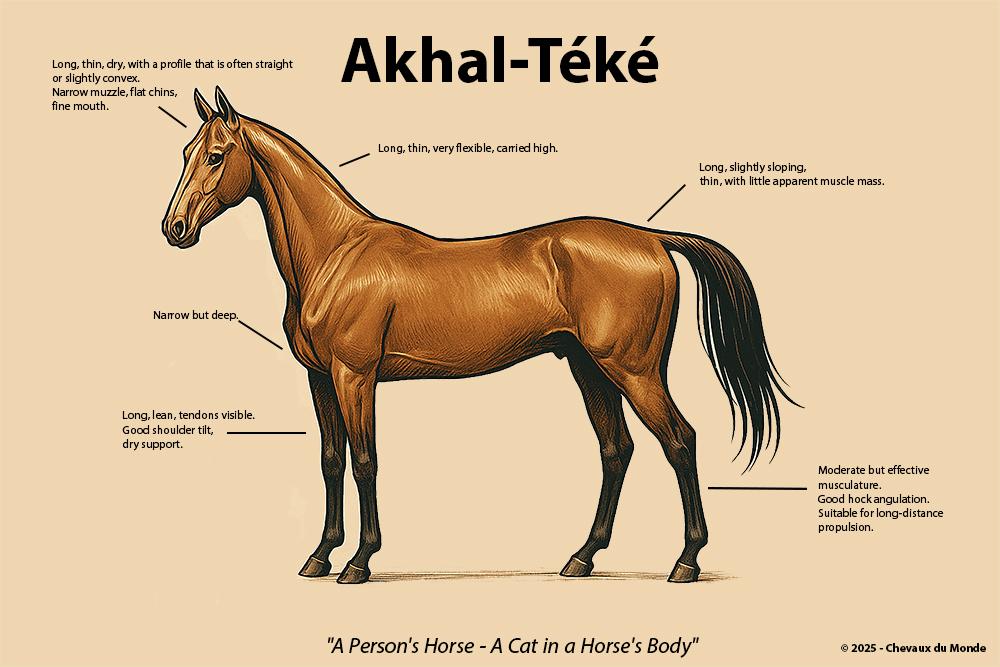 Annotated side view of the Akhal-Teke horse, showing its morphological characteristics such as a long neck, slender body, and lean limbs suited to endurance.