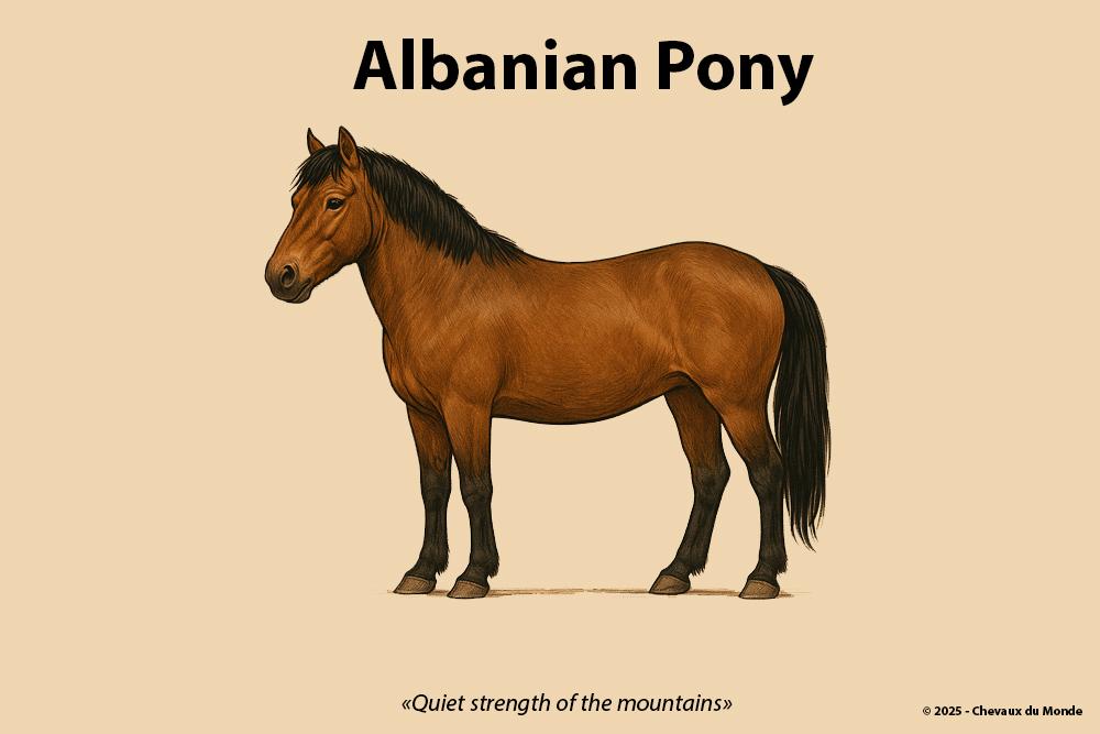 Side illustration of the Albanian Pony, from the left profile, on a beige background, in a vintage and academic style.
